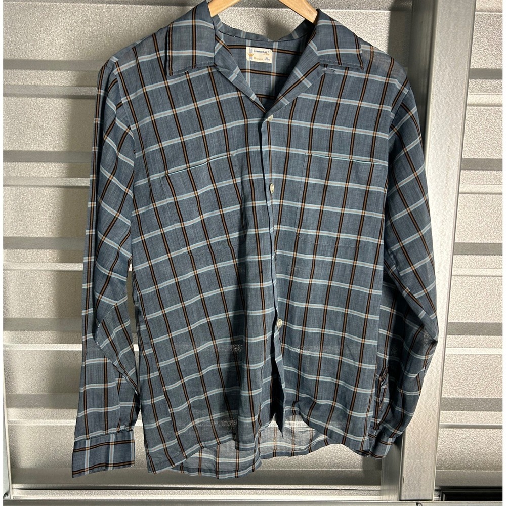 Vintage Towncraft Plus Penneys Blue Plaid Button Down Shirt Mens M Long Sleeve